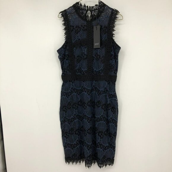 YEST Netherlands NWT crochet black blue peacock high neck fitted midi dress 8 - Picture 4 of 16